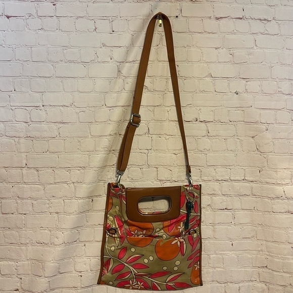 Fossil purse large tote colorful summer orange fruit 14" fabric multi pockets - Picture 1 of 12